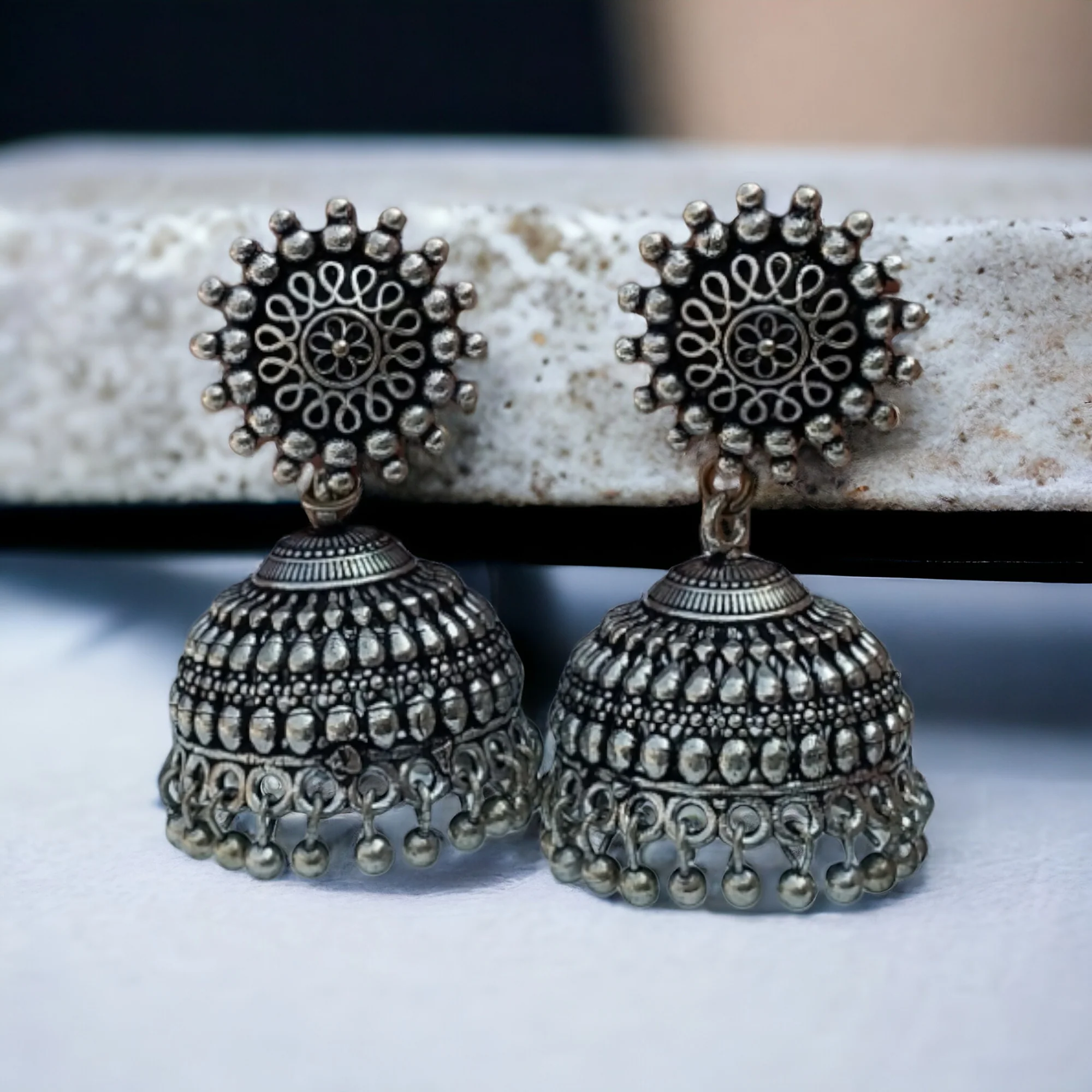 Oxidized Silver Jhumka Earrings thumbnail