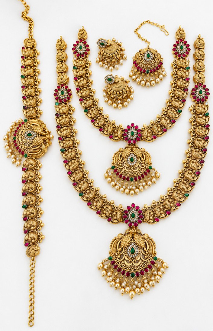 South Indian Traditional semi bridal set with Gold Finish | Long Haram with Jhumka Earrings for Women | Ethnic  Jewellery for Weddings, Brides & Festivals | Semi Bridal Jewelry Set thumbnail
