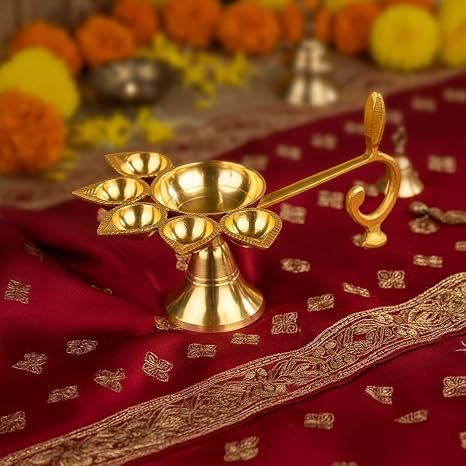 Pure Brass Pancha Aarti Diya Lamp
