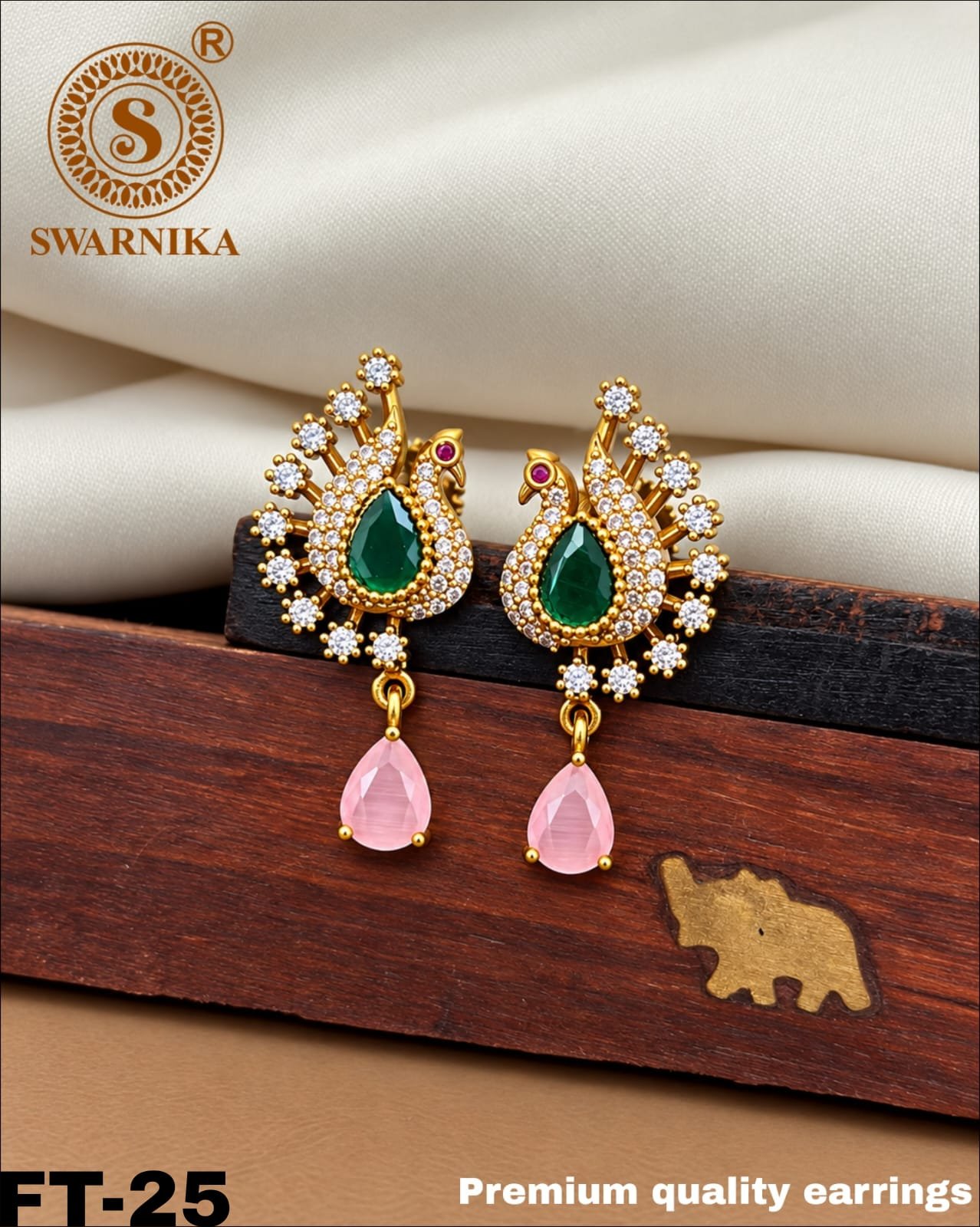 Swarnika Premium Quality Earrings | White stone with green and pink stones | Green Peacock Drop Earrings
